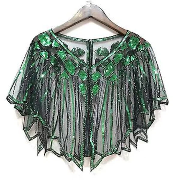 1920'er Flapper Kostume Sjal Wraps Sequin Bead Evening Cape Brude Sjal Bolero 20'er Vintage Party Flapper Cover Up (Sort Grøn)