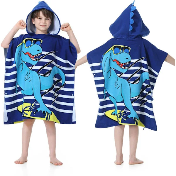 Blå Dinosaurie - Barn Poncho Handdukar med Huva, Strand Omklädningsrock Badrock Poncho för Simbassäng,
