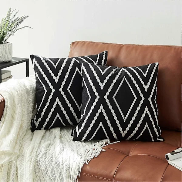 Set of 2 Black Pillowcases 45 x 45 cm Boho Aztec Polyester Blend Square Decorative Throw Pillow Covers for Sofa Bed Decor