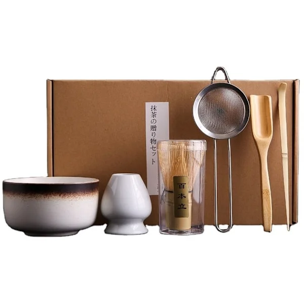 Matcha Whisk 6 Pieces Japanese Tea Ceremony Set with Bamboo Whisk, Spoon, Ceramic Bowl, Sieve and Holder for Matcha Lovers Home Use