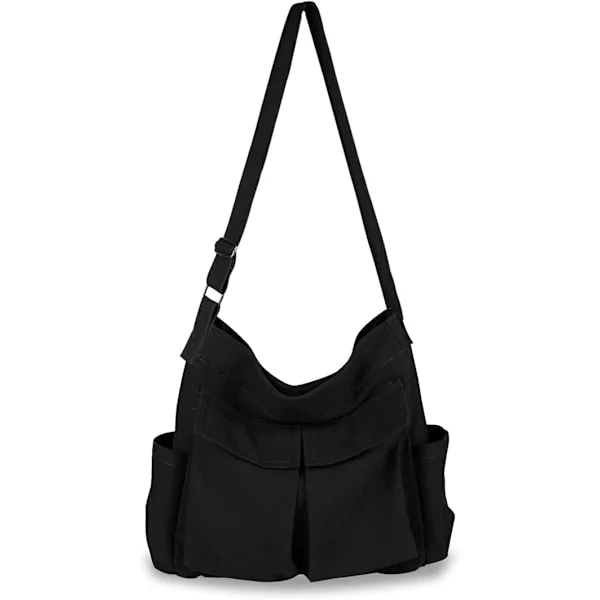 Canvas Messenger Bag Multi-fickor Casual Canvas Tote för College Stor Crossbody Axelväska för Kvinnor och Män