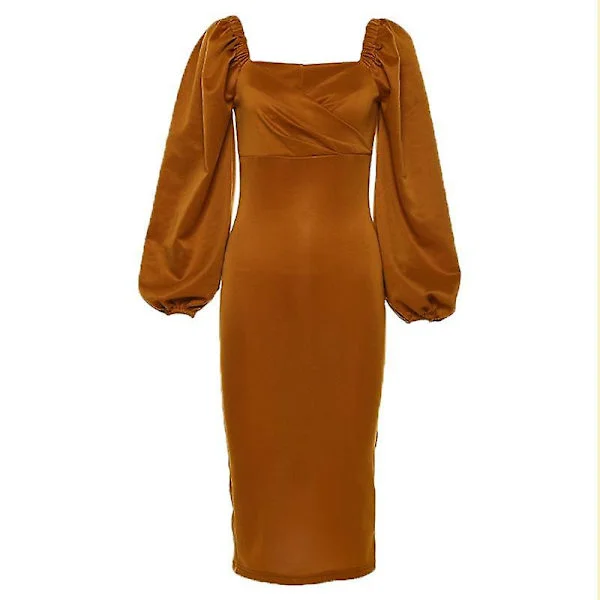 Dam Ren V-hals Off Shoulder Bodycon Kjole Kvinner Vår Høst Klubb Fest Kveld Elegant Midi Kjole Gul L