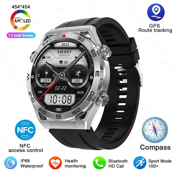 NFC AMOLED Smartklocka Herr Anpassad Urtavla Svara Samtal Sport GPS-spårning Kompass IP68 Vattentät Smartwatch För Huawei Ultimate