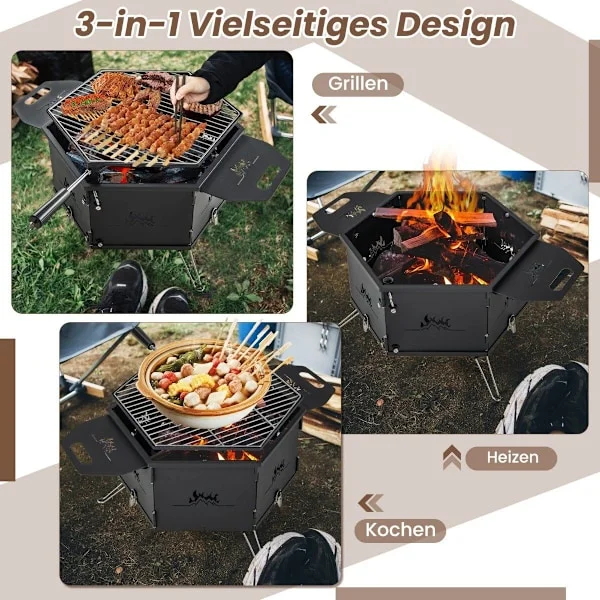stor kolgrill med 360° roterande grill 2 i 1 eldskål 77 x 74 x 38 cm