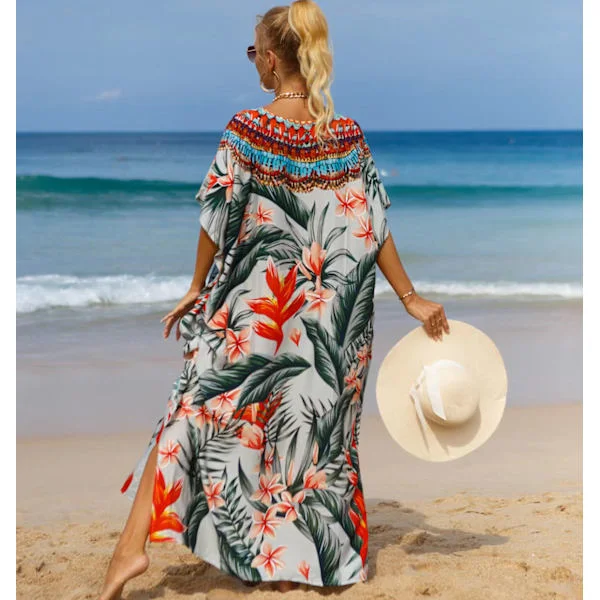 2026 Senaste Modell Kvinnor Plus Size Strand Cover-up Bohemisk Strandklänning V-ringad Fladdermusärm Robe Lös Strandklänning Baddräkts Cover-up