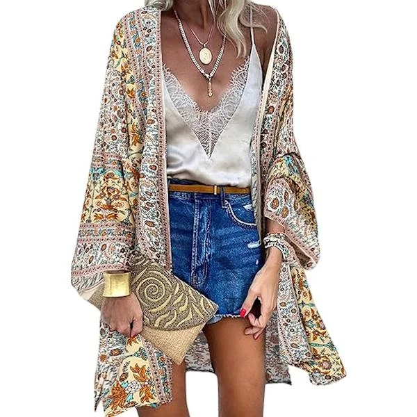 Kimono Cardigan til Kvinder Boheme Blomsterprint Strand Cover-Up 3/4 Ærme Chiffon Bikini Sarong Sjal Toppe
