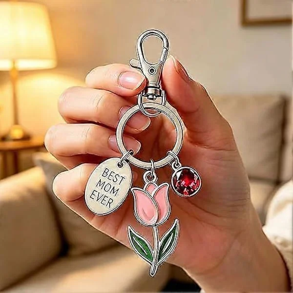 Til min fantastiske mor tulipan fødselssten nøglering, bedste mor nogensinde nøglemærke med tulipan emalje charm og fødselssten, gave til mor