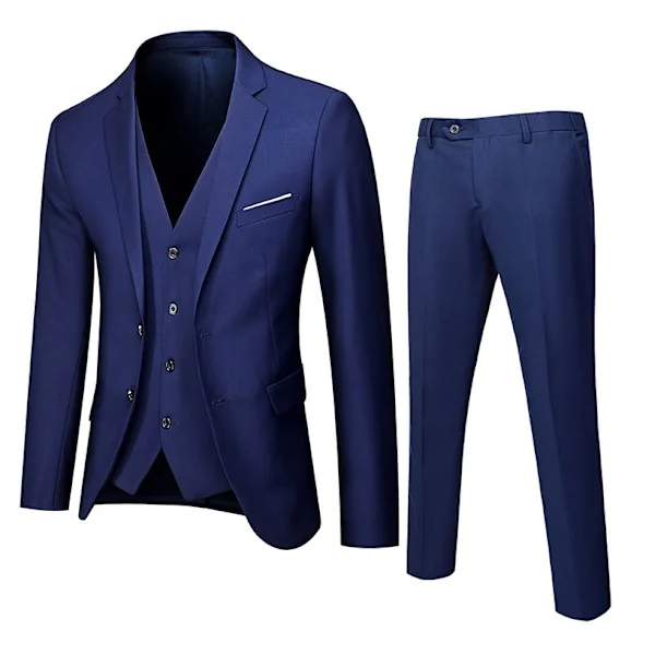 Herre 3-delt Slim Fit Jakkesæt Sæt, Ensfarvet Blazer Vest Bukser Marineblå Marineblå M Marineblå M