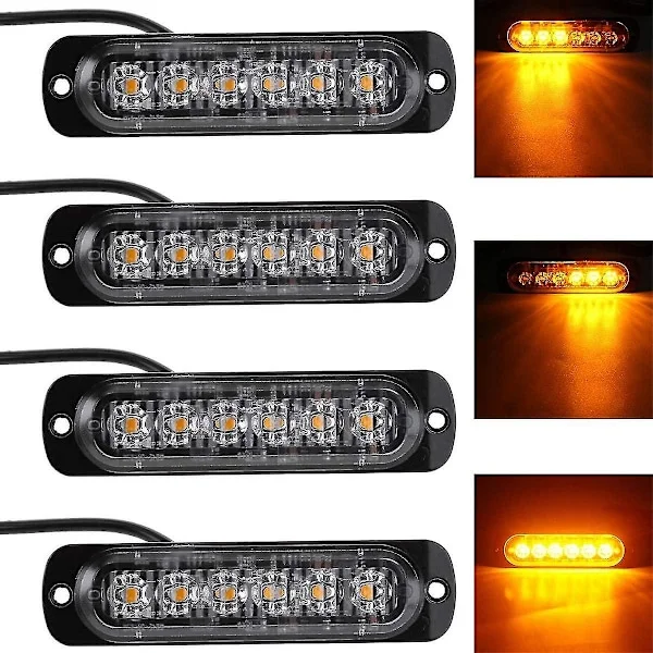 4 stk 18W 6 LED Slank Amber Gult Blinkende Blitslys Bar Bil Lastebil Nødsignal Parklys Lampe 12-24V