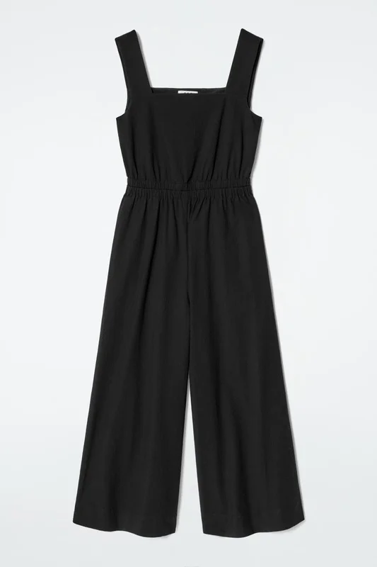 COS Women's Open-Back Seersucker Wide-Leg Jumpsuit Dress in Black