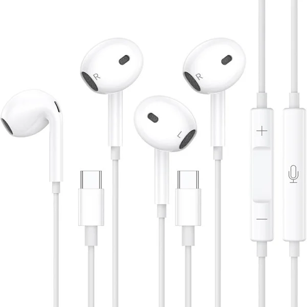 2-pakke USB C-hodetelefoner med ledning, in-ear-hodetelefoner med ledning HiFi-stereohodetelefoner med mikrofon og volumkontroll, hodetelefoner for 