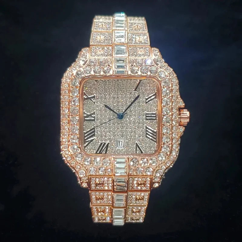 AliExpress - Montre Luxueuse en Or Rose pour Homme, Entièrement en Diamant, Iced Out Quarz, Mode Hip Hop, Bijoux, Reloj zones bre, Livraison Directe