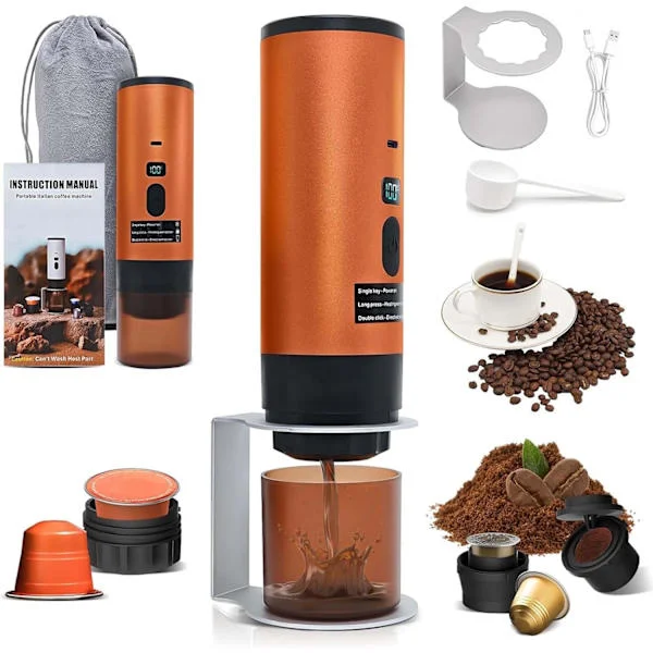 3 i 1 Bærbar Kaffemaskine, 72W Kaffemaskine, Bærbar Kaffemaskine, 12V Genopladelig Espresso Kaffe, USB, Espresso Kaffe med Kapsler, Orange