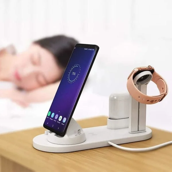4-i-1 Ladestasjon Multi-Enhet Trådløs Ladestasjon 3-i-1 Multi-Enhetslader for Iphone Samsung Airpods Iwatch-Hvit