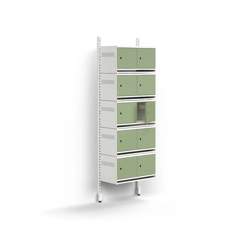 Shoe cabinet ENTRY, basic wall unit, 10 metal doors, 1800x600x300 mm, white/light green