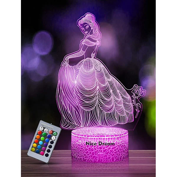 Prinsesse natlampe til børn, 3D natlampe, 16 bånd fjernbetjening, værelsesindretning, gave til børn G