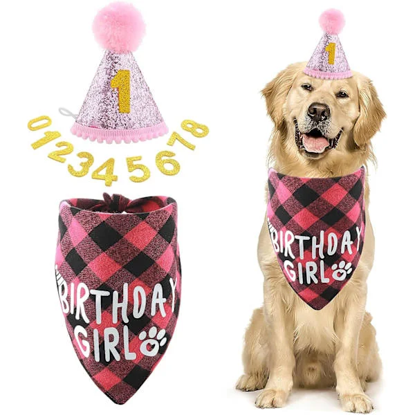 10 Pieces Dog Girl Birthday Party Supplies Pet Bandana Party Bling Hat with 8 Glitter Numbers for Small Medium Large Dogs