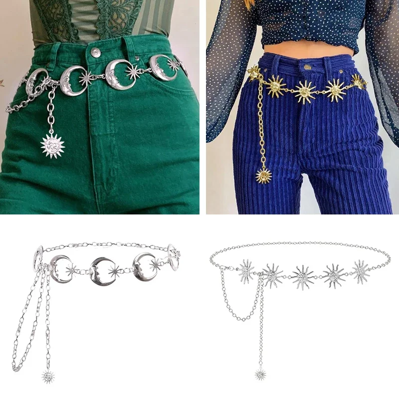 AliExpress - Goldkette Gürtel für Damen, Mond-Sonne Metallgürtel, Punk-Kleid Taillenband, Gothic Jeans Accessoire, Lange Kettengürtel