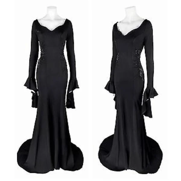 Onsdag Morticia Addams Cosplay Kostume Sexet Sort Kjole Til Kvinder Halloween Karneval Fest Kostume-r (XS Med Paryk)