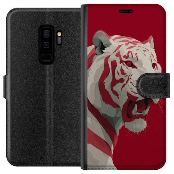 Kompatibelt Plånboksfodral till Samsung Galaxy S9+ Kraftfull vit tiger med röda detaljer i dramatisk konstnärlig illustration