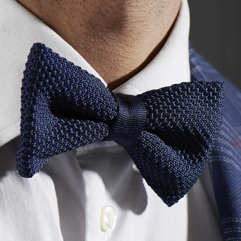 Navy Blue Knitted Pre-Tied Bow Tie for Men - Pre-tied bow ties