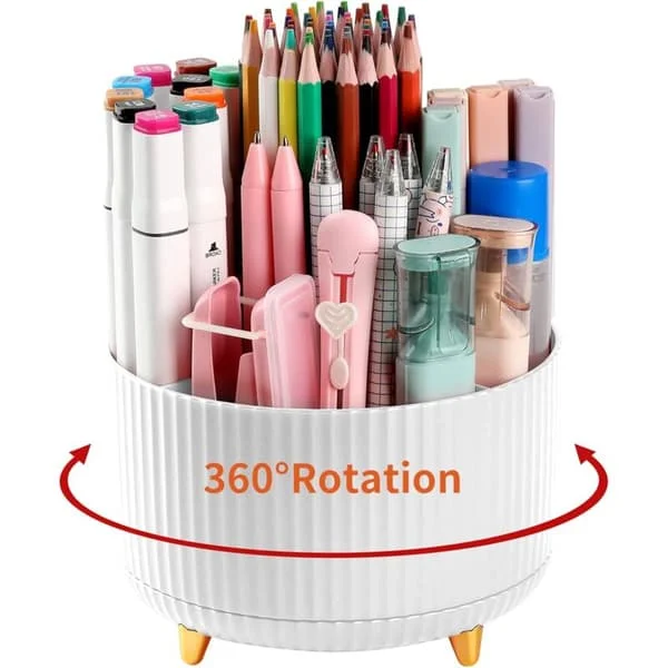 Skrivebords Penneholder, 5 Rum, 360° Roterende Penneholdere til Skrivebord, Kontor Opbevaring Stationery Tilbehør Organizer, Hvid