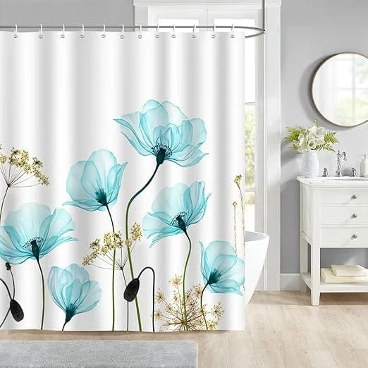 1 stk. blåt blomstret badeforhæng 180 x 180 cm badeforhæng polyester