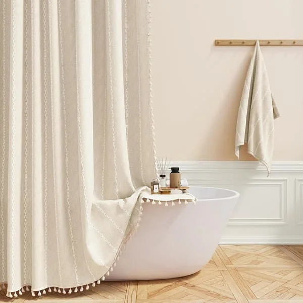 Boho Lantlig Duschdraperi, Linne Rustikt Viktat Randigt Tygtillbehör med Tofs, Vattenavvisande, Bohemisk Vintage Lantlig Tyg