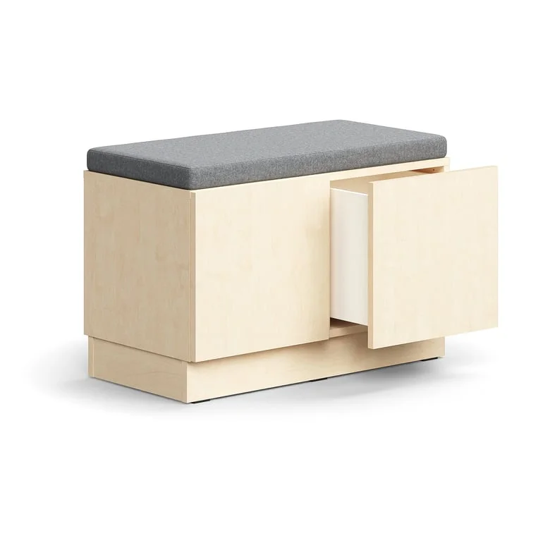 Drawer storage bench QBUS, base frame, push-open, 534x800x420 mm, birch, grey cushion