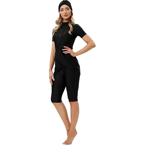 Kvinners Modest Badetøy Islamsk Muslimsk Badedrakt Kortskjorte Glidelås foran Topp Shorts Bukser Hijab 3stk Svømmedrakt S-4xl Xinmu -a