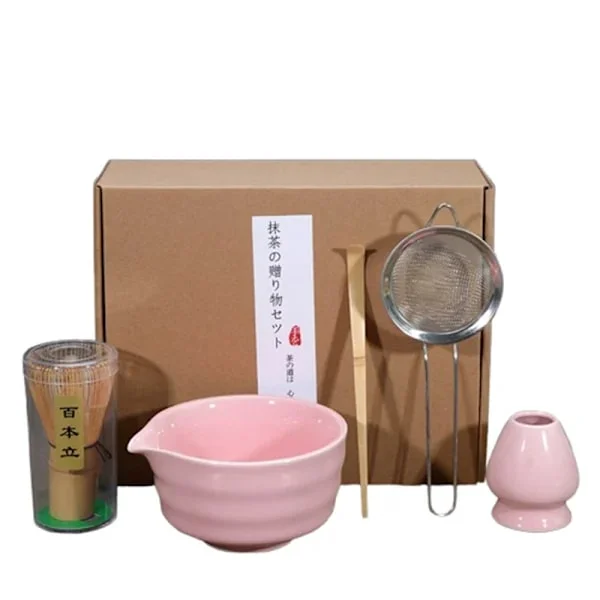 Japansk Matcha Te Sæt, Keramisk Skål med Bambus Piskeris Holder Ske og Si i Rustfrit Stål, Gavesæt, Pink