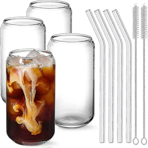 Otwoo Drinking Glasses with Glass Straw 4-pack - 47 cl Can-shaped Glasses, Beer Glasses, Iced Coffee Glasses, Cute Tumbler, Perfect For
