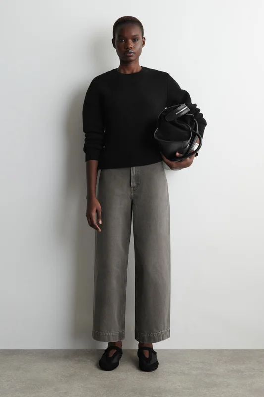 COS Women's Cropped Wide-Leg Denim Trousers in Brown