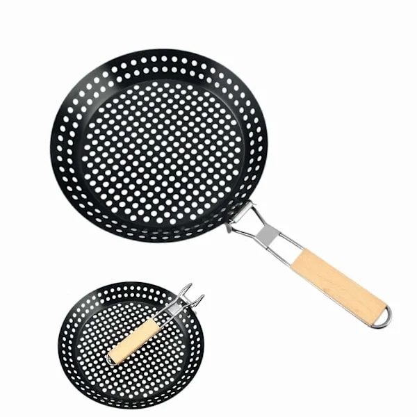 BBQ Hopfällbar Grillpanna med Hål 30 cm Nonstick Grillpanna med Hopfällbart Trähandtag, Camping Köksredskap Grillpanna för Grillning -GSLA
