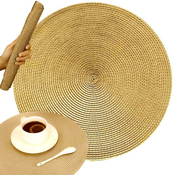 Rund bordstablett flätad plast, guld, Ø38 cm