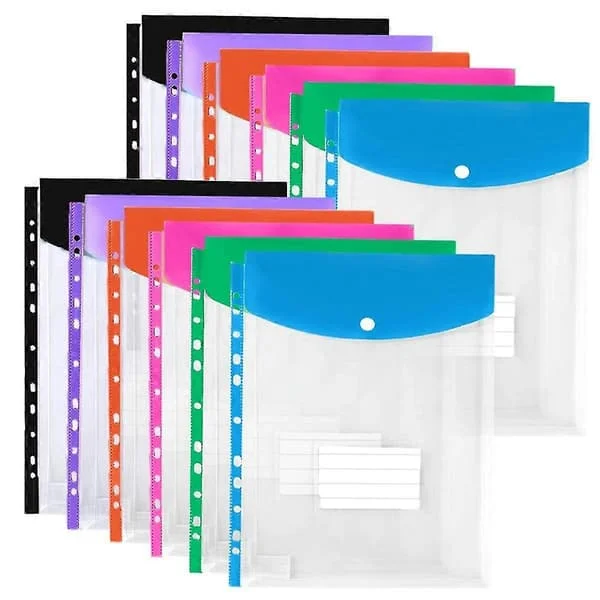 12-pack Plastkuvert, Bindfickor för 3/4/11-ringpärm, expanderbar Dokumentorganisatör med Snäppknapp och Etikett