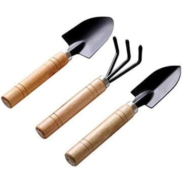 Svart 3 stk Sett Mini Hageverktøy Spade Rake Plantespade Sukkulenter i Blomsterpotte Hageverktøy Klo med Trehåndtak