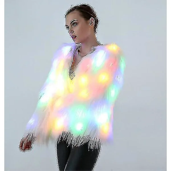 LED-pelsjakke for damer, regnbueglitrende lysende jakke, hvit lodden karnevalskostyme L