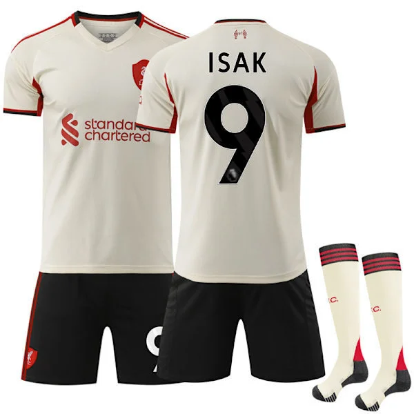 2025-2026 Liverpool Udebanetrøje Børn & Voksne Fodboldtrøje Sæt Nr.9 Isak Fodbolduniform Med Strømper Gul Trøje Shorts Størrelse 16 Ude 16 Away