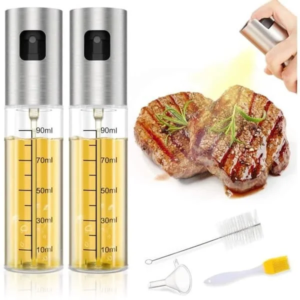 MOMOO 2 st Oljesprayflaska, 100 ml Oljespruta, Oljespruta - med borsttillbehör, Glasoljeflaska för BBQ