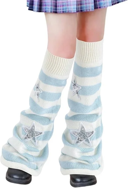 Women's Leg Warmers - Fall/Winter Leg Warmers - Cute Slouch Socks - Wide-Fit Socks with White and Blue Stripes - Windproof and Warm