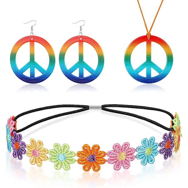 3-delt Hippie-kostyme sett, Hippie-antrekk tilbehørsett, inkludert Daisy-hodeband, regnbue fredstegn halskjede og øredobber 60-talls Hip