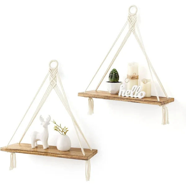 Hanging Shelves Boho Wall Decor Set of 2 Rustic Wood Floating Storage Shelves for Bedroom Bathroom Living Room, Display Shelves for Hanging Plants