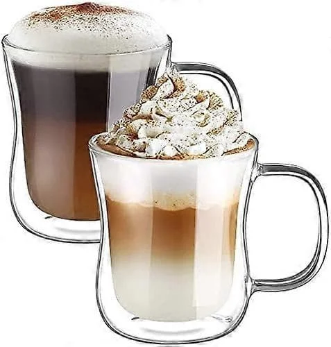 2x350ml Dobbeltvæggede Kaffeglas Krus Cappuccino Latte Macchiato Glas Kopper med Håndtag Holdbare Glas Kopper til Kaffe Te