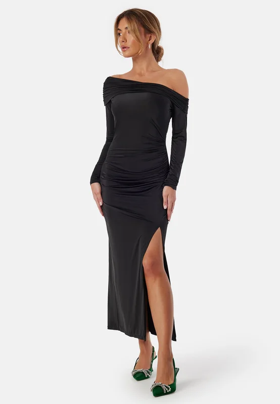 Bubbleroom Occasion - Asymmetric Off Shoulder Soft Ankle Dress - Black