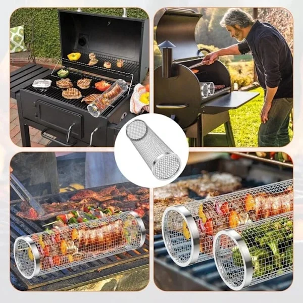 3 st BBQ Grill Rullande Korg Grillkorg Rostfritt Stål Grillnät Grill Bärbara Grillkorgar för Kött