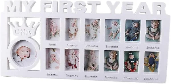 12 Måneders Baby Foto Ramme Mit Første År Multi Foto Baby Foto Ramme til 13 Foto Collager Baby Foto Ramme til Fødselsliste, Dåbsgave til (FMY)
