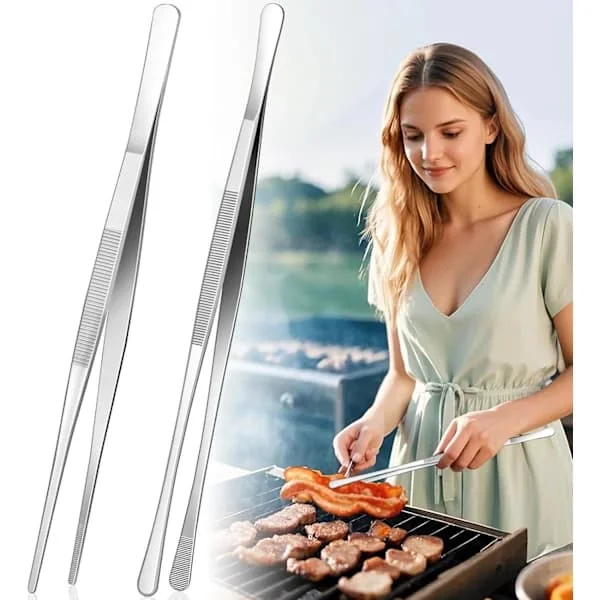Stekpincett i rostfritt stål, 2-pack med dubbelspetsdesign och halkfritt grepp för grillning, stekning och uppläggning, 30 cm