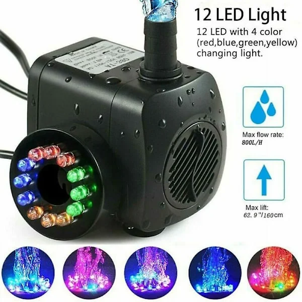 15w 800l/h Fontene Pumpe Dam Pumpe Vann Funksjon Pumpe Hage Pumpe Fontene Pumpe Med 12 Lysdioder
