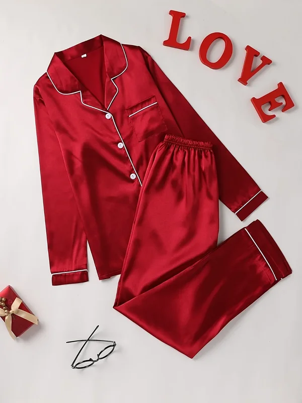 AliExpress - Solides Pyjama-Set mit langen Ärmeln, Knopfleiste, Revers, Oberteil und Hose, Pyjama-Set, Damen-Nachtwäsche und Loungewear